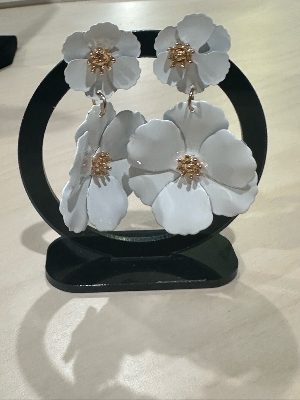 White Double-Tier Floral Statement Drop Earrings (Unsigned)